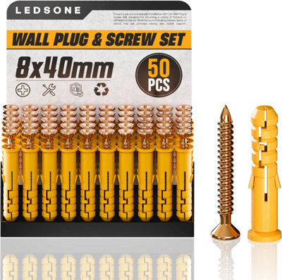 50Pcs 8X40mm Yellow Wall Plugs & Screws  Concrete Fixings & Expansion Anchors For Tv BracketsDrywallWall Mounting from B&Q