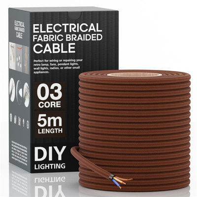 Brown Braided Fabric Cable 3 Core Round Vintage Flex 0.75mm Twin & Earth Wire Lamp Cord5M from B&Q