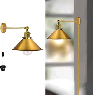  - Matt Yellow Brass Plug-In Wall Light 2M Cord And Dimmer Switch