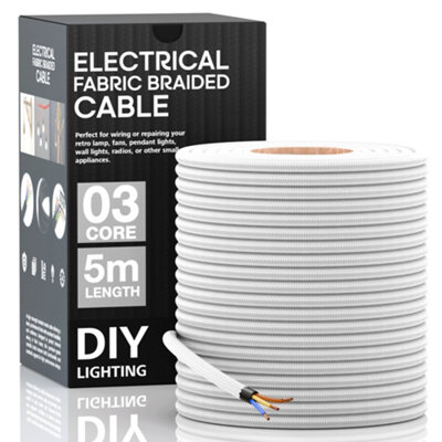 3 Core Round Vintage Braided White Fabric Cable Flex 0.75mm 5M Lengths 3 Core Flexible Cable from B&Q