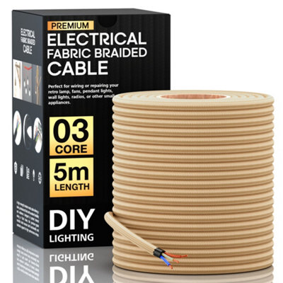  - 3 Core Round Vintage Braided Light Gold Fabric Cable Flex 0.75mm Retro Cloth Covered Wire 5M