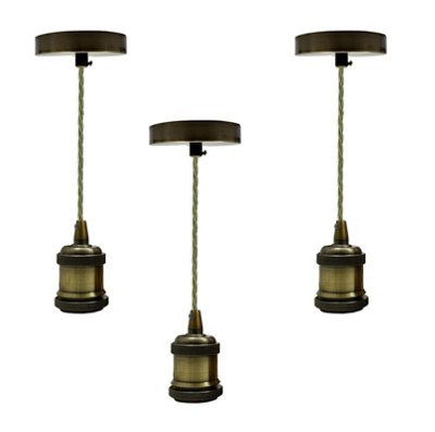 Ledsone 3 Pack Vintage E27 Pendant Light Fitting Antique Brass Metal Lamp Holder With Twisted Cable from B&Q