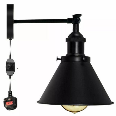  - Industrial Vintage Plug In Wall Sconce  Adjustable Black Metal Lamp With 4 M Cord & Switch