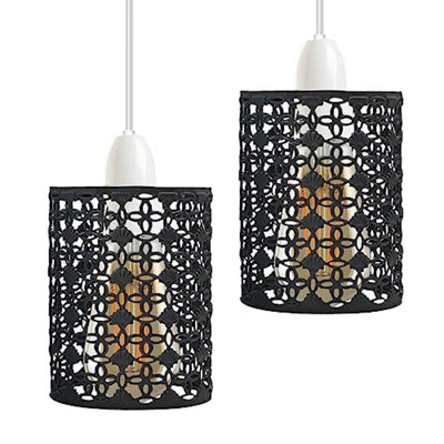  - 2 Pack Black Easy Fit Wire Cage Frame Open Style Pendant Light Shade Metal Drum Lampshade Ceiling Pendant Lamp With Free Reduce