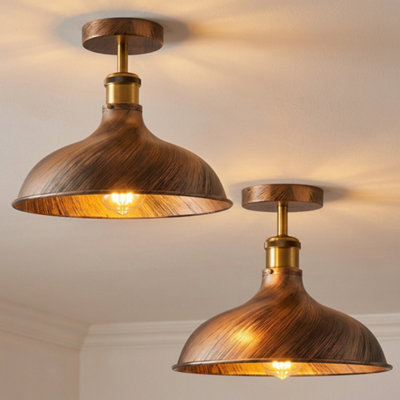  - 2 Pack Industrial Semi Flush Mount Ceiling Light With Metal E27 Base Brushed Copper Shade
