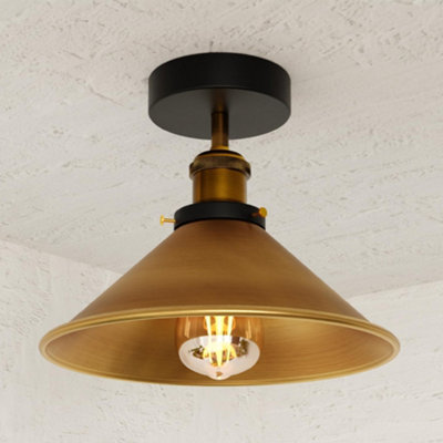 Vintage Semi Flush Mount Ceiling Light Yellow Brass 22Cm Metal Cone Pendant Lampshade Fixture With E27 Base For Indoor from B&Q