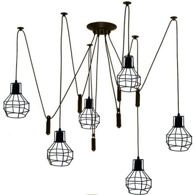  - Black Spider Chandelier With Wire Cage 6 Out Let Pendant Light