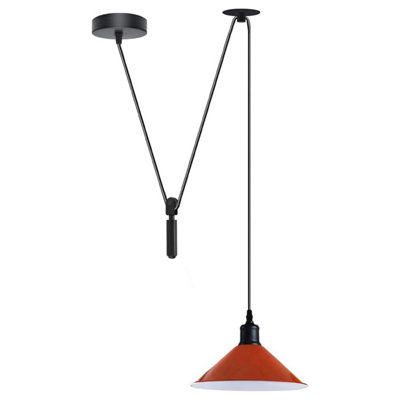  - Modern Farmhouse Pendant Light Black Pulley System Lamp With Orange Cone Shade