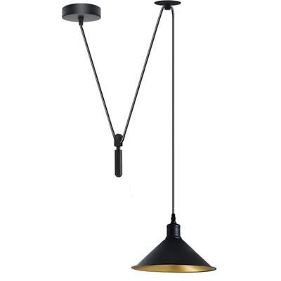  - Modern Farmhouse Pendant Light Black Pulley System Lamp With Gold Inner Cone Shade