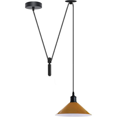  - Modern Farmhouse Pendant Light Black Pulley System Lamp With Yellow Cone Shade