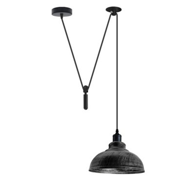  - 2M Vintage Farmhouse Pendant Light E27 Brushed Silver Curvy Shade Lamp With Pulley System