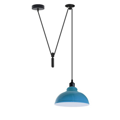  - 2M Modern Curvy Pendant Light Fixture With Farmhouse Blue Shade Includes Hanging Pulley System And E27 Base Ideal