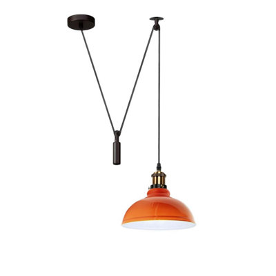  - Orange Industrial Pulley Pendant Light Rustic Farmhouse Style Hanging Lamp With Adjustable Height For Kitchen Island