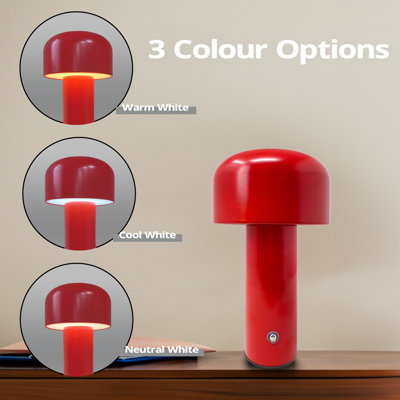 Extrastar Bedside Mushroom Dimmable 3 Colour Changing Table Lamp Metal Usb Rechargeable (Red) Red