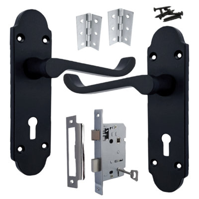 B&Q -  Epsom Door Handle Key Lock Scroll LeverMatt Black Chrome Pack Hinges