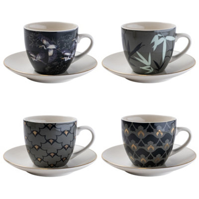 B&Q -  Set Of Four Purple And White Patterned Teacups And White Saucers