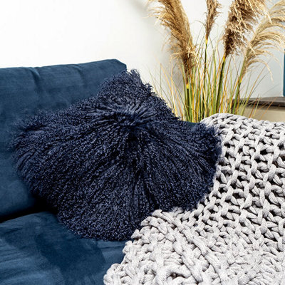 Madison & Mayfair Genuine Navy Mongolian Lambswool And Suede Cushion from B&Q