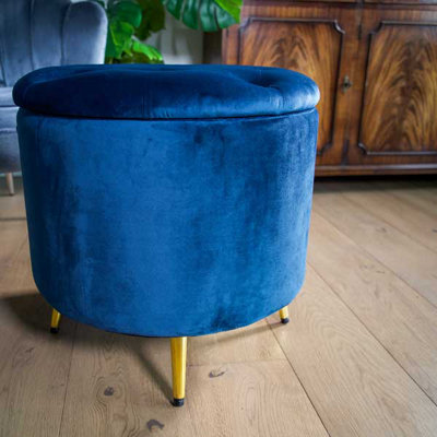 Madison & Mayfair Blue Brooklyn Velvet Ottoman Stool With Gold Legs from B&Q