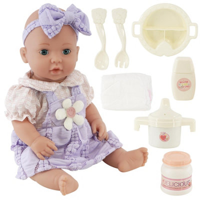B&Q -  16" Baby Doll Moving Eyes & Accessories Kids Feeding Playset Role Play