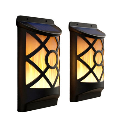 Geezy Solar Led Wall Light With Flickering Flame Garden Patio Dusk To Dawn Lighting X2