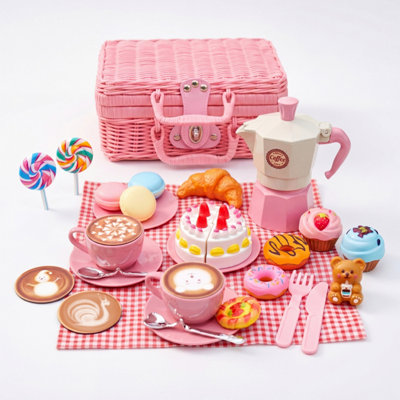 The Magic Toy Shop Kids Wicker Picnic Basket Hamper Play Food Tea Set For Toddlers Role Play Toy from B&Q