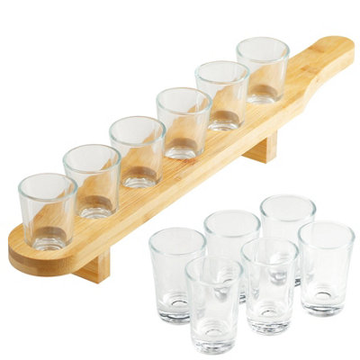 B&Q -  Set Of 6 Glass Shot Glasses With Wooden Bamboo Holder Tray 40Ml