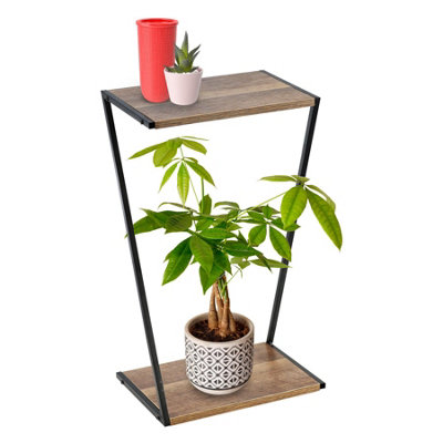 Geezy Wooden 2 Tier Plant Stand Indoor Flower Pot Tall Display Shelf Rack Metal Frame
