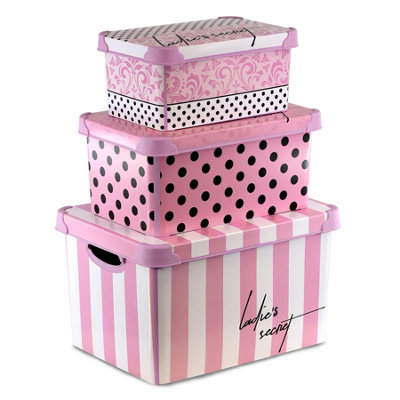 Geezy Decorative Storage Boxes With Lids Set Of 3 Pink Plastic Stackable Containers from B&Q