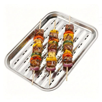 B&Q -  Stainless Steel Bbq Grill Tray Rectangular Metal Basket Cooking Accessories 34Cm