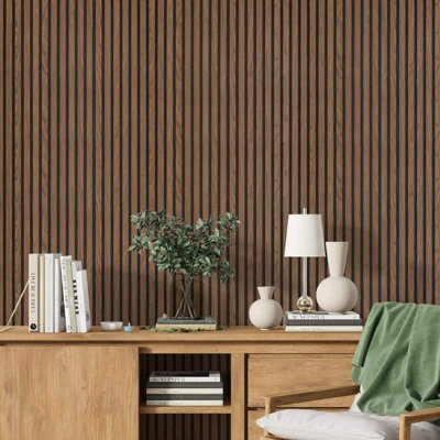 Strivo Acoustic Slat PanelSmoked Walnut 600mm X 2400mm from B&Q