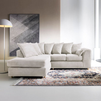 Abakus Direct Jumbo Cord Left Facing Corner Sofa For Living Room With Thick Luxury Deep Filled Cushioning White