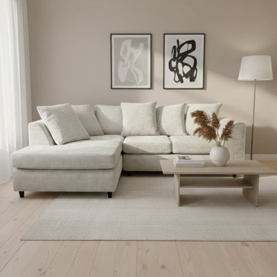 Abakus Direct Jumbo Chenille Corner Sofa In Cream Left Facing With Plush Chaise Extension from B&Q