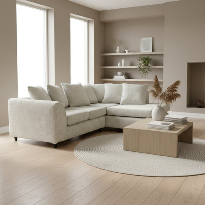 Abakus Direct Jumbo Chenille Corner Sofa In Cream Right Facing With Plush Chaise Extension from B&Q