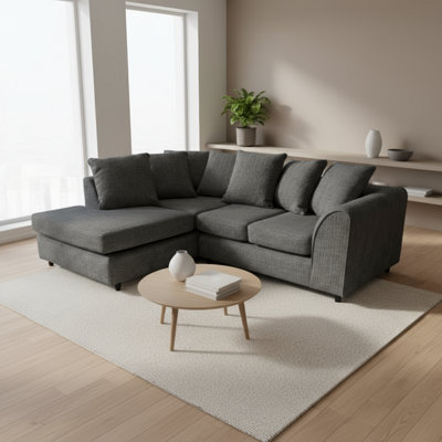 Abakus Direct Jumbo Chenille Corner Sofa In Black Left Facing With Plush Chaise Extension from B&Q
