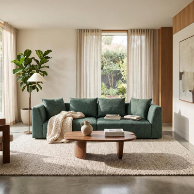 B&Q -  Tokyo 3 Seater Sofa In Olive Green Brushed Tweed Fabric With Deep Seat And Plush Cushioning