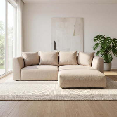 B&Q -  Tokyo Corner Sofa In Soft Cream Brushed Tweed Fabric With Deep Seat And Plush Cushioning