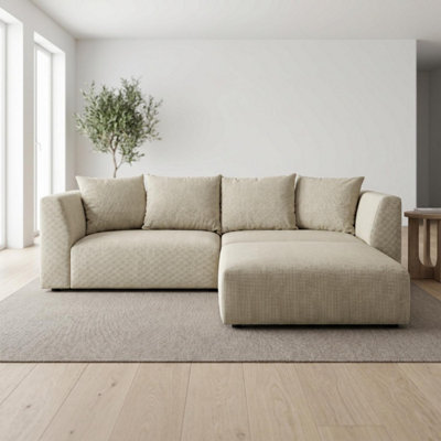 B&Q -  Tokyo Corner Sofa In Warm Beige Basket Weave Fabric With Deep Seat And Structured Cushioning