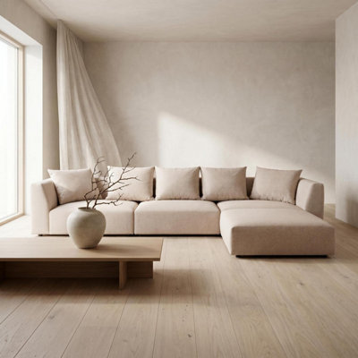 B&Q -  Tokyo Large Corner Sofa In Soft Cream Brushed Tweed Fabric With Deep Seat And Plush Cushioning