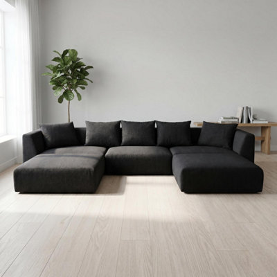 B&Q -  Tokyo U-Shape Modular Sofa In Deep Black Basket Weave Fabric With Deep Seat And Structured Cushioning