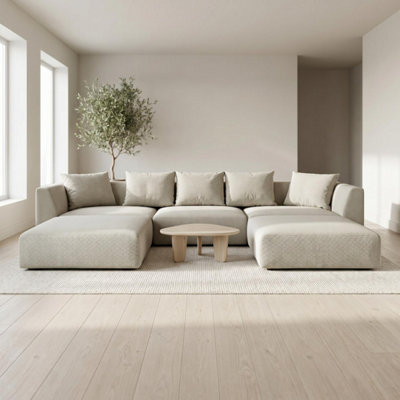 Abakus Direct Tokyo U-Shape Modular Sofa In Natural Bamboo Basket Weave Fabric With Deep Seat - Soft Sand - Image 3