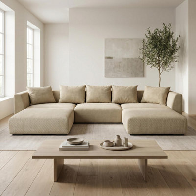 B&Q -  Tokyo U-Shape Modular Sofa In Warm Beige Basket Weave Fabric With Deep Seat And Structured Cushioning