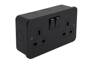  - Shp Double Switched Socket 13A Matt Black Metal Clad 2 Gang Plug Outlet With Metal Surface Back Box Heavy Duty Modern Finish