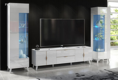 Furneo High Gloss & Matt White Living Room Set Tv Stand Display Cabinets Azzurro 10/12 Blue Led Lights from B&Q
