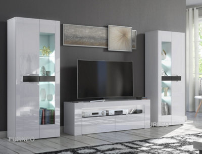 Furneo High Gloss & Matt White Living Room Set Tv Stand Display Cabinets Milclif 13 White Led Lights from B&Q