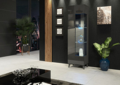 Furneo Grey Display Cabinet Storage Modern Glass Cupboard High Gloss & Matt Azzurro 12G Blue Led Lights from B&Q