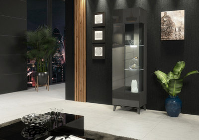 Furneo Grey Display Cabinet Storage Modern Glass Cupboard High Gloss & Matt Azzurro 12G White Led Lights from B&Q