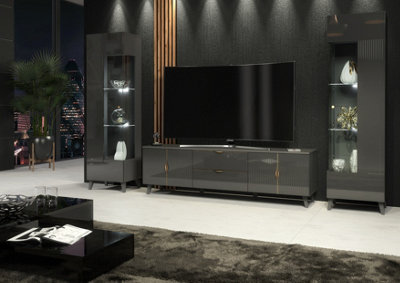 Furneo Grey Living Room Set Tv Stand Display Cabinets High Gloss & Matt Azzurro 10/12G White Led Lights from B&Q