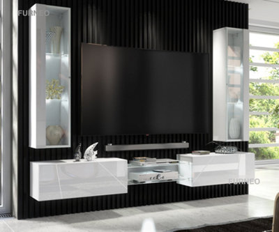 Furneo White Floating Tv Unit High Gloss Matt Living Room Set Display Cabinets Art 01/02 White Led Lights from B&Q