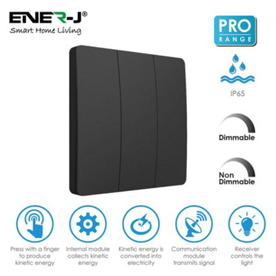 Ener-J EnerJ Wireless Kinetic 3 Gang Light Switch With 3 Receivers 500W Black 240V