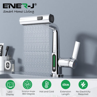 Ener-J Modern Single Hole Basin Faucet With Waterfall, Pull Out Sprayer And Led Temperature Display, Chrome Silver